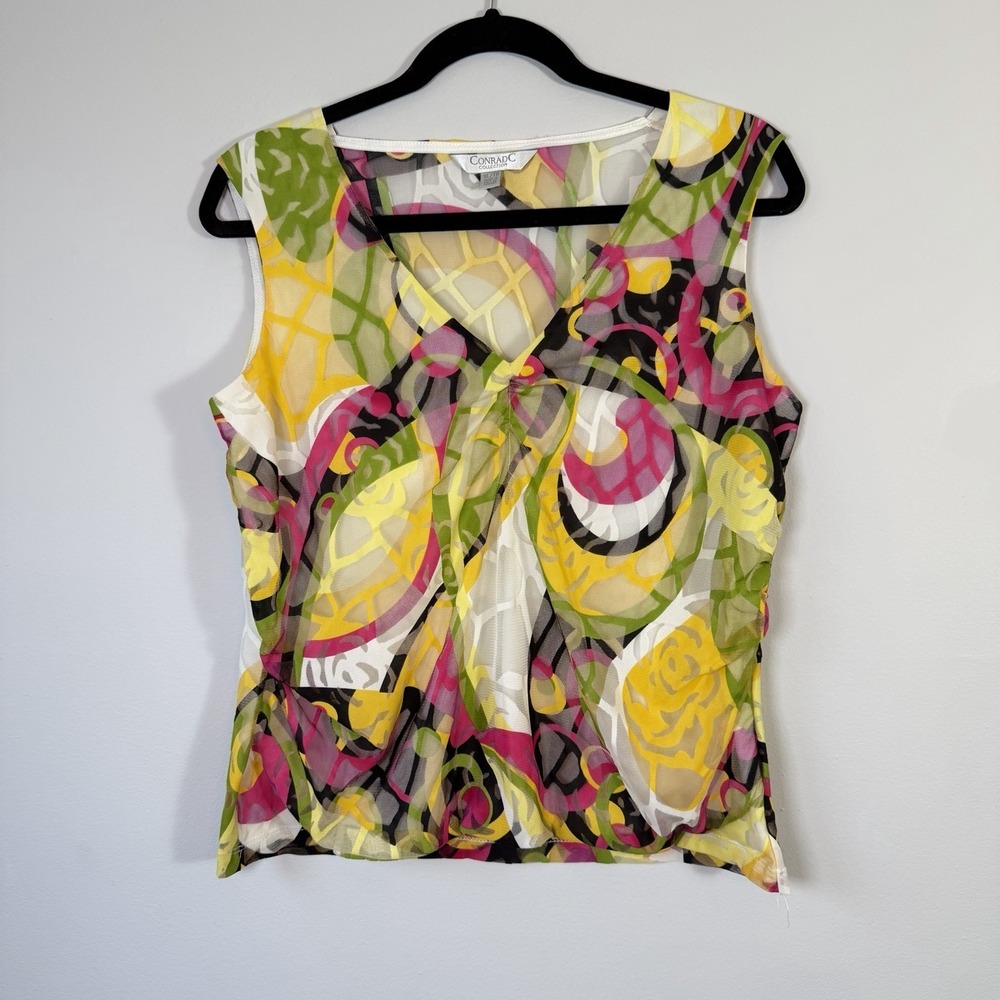 Vintage Y2K 2000s Mesh Floral Abstract Sleeveless Tank Top Psychedelic XL